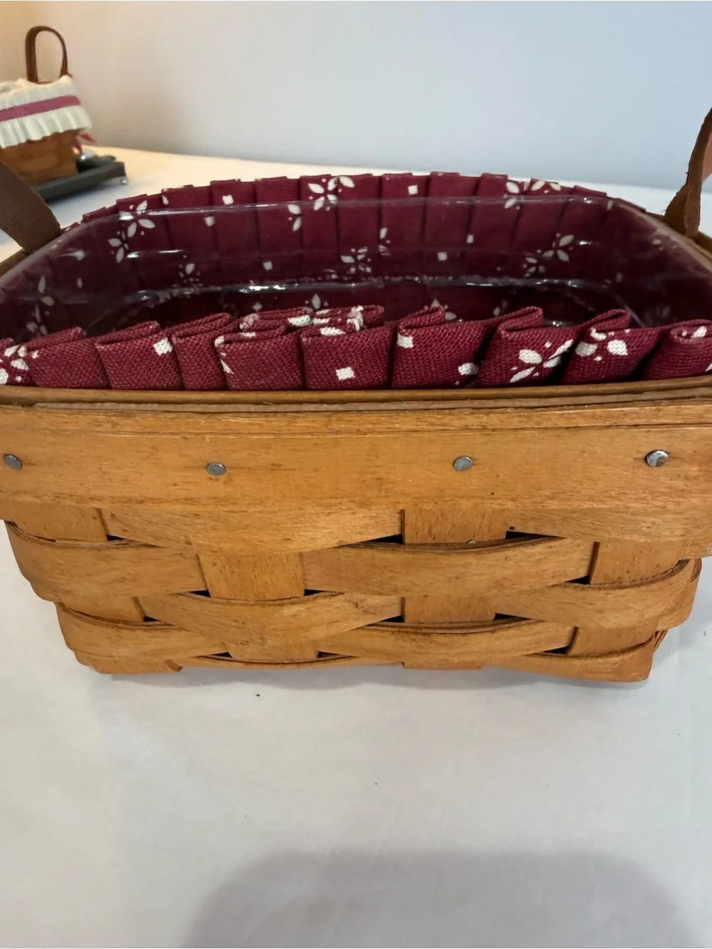 Longaberger Baskets 1994 Tea Basket with Cranberry Color Fabric & Plastic Liner